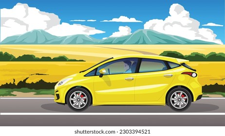 Ilustración vectorial conceptual de la vista horizontal. Un jinete en el auto de choque conduciendo por la carretera asfaltada. Fondo del campo floral amarillo. con montaña bajo cielo azul y nubes blancas.