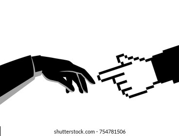 Concept vector illustration of a human hand touching pixelated hand, connection between human and technology