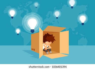 Concept Vector Illustration Of Kid Sitting Alone In Box And Thinking On Problem. 