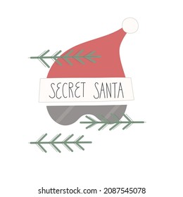 Concept vector illustration lettering Secret Santa with glasses among branches of spruce. Can use for corporate , office party, event