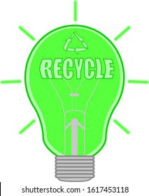 Concept vector illustration: lightbulb and recycle inscription and sign.