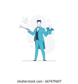 Concept vector illustration. Magician holding magic wand and hat. White rabbit in the hat. A white pigeon flying.