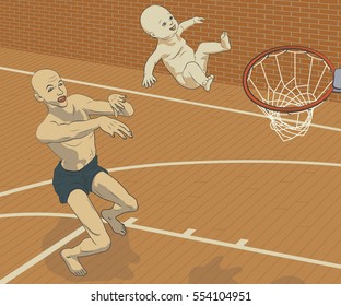 Concept vector illustration of a man throwing his smiling baby at a basketball hoop as if trying to achieve his goals through his child or pushing his child towards goals