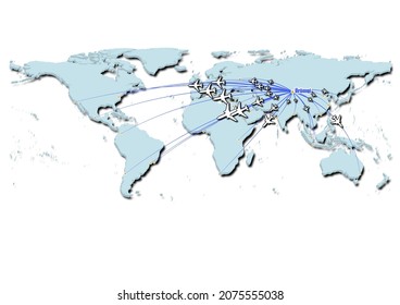 Ürümqi-China in concept vector illustration, map showing flights from Ürümqi-China to major cities around the world.