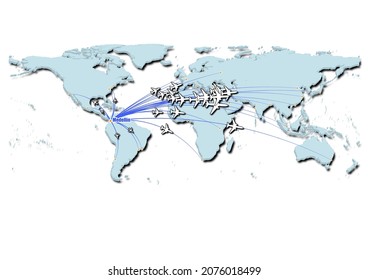 Medellín-Colombia in concept vector illustration, map showing flights from Medellín-Colombia to major cities around the world.