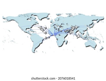 Lomé-Togo in concept vector illustration, map showing flights from Lomé-Togo to major cities around the world.