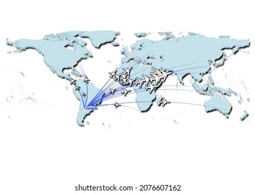 Córdoba-Argentina in concept vector illustration, map showing flights from Córdoba-Argentina to major cities around the world.