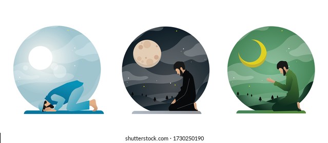 concept vector illustration of moslem pray at the ramadhan night. flat cartoon design. shalat set design.