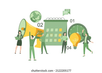 Concept Vector Illustration Of New Product Launch Time Planning,time Difference In The World, Social Media Content Schedule, Digital Marketing Teamwork.