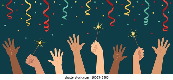 Concept vector illustration of New Year's corporate party, Christmas card, banner. Hands raised up with sparklers, streamer and confetti of people of different nationalities, multicultural celebration