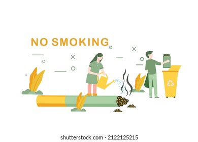 Concept Vector illustration of no smoking area, Stop Smoking, Healthy Lifestyle Start, Unhealthy Habit Quit, Lungs Diseases Prevention. Man throw cigarettes in the trash, woman turning off cigarette.