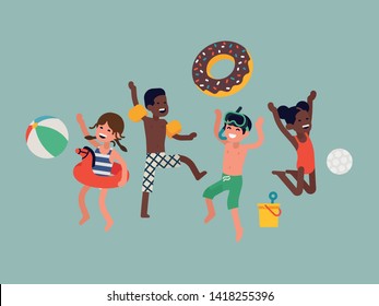 Concept vector illustration on diverse group of happy cheerful kids jumping and laughing wearing swimsuits and waterside and beach activities items like inflatable rings, balls and other toys