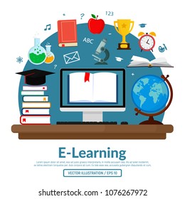 Concept vector illustration on e-learning and education. School homework. Online courses. Virtual classroom. Flat design.