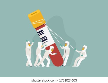 Concept vector illustration on group of scientists in protective suits making a collective effort in coronavirus vaccine research. Covid-19 vaccine developing  process