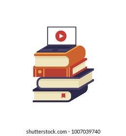 Concept vector illustration of online courses, distance studying, self education, digital library, e-books.Laptop on pile of books. Flat isometric 3d.