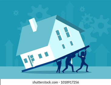 Concept vector illustration of parents and kid carrying burden of house on credit together. 