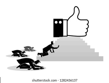 Concept vector illustration of people worshiping thumb up icon. Social media concept, people obsessed with "like" icon, getting more Likes is a critical part of your social media marketing strategy.