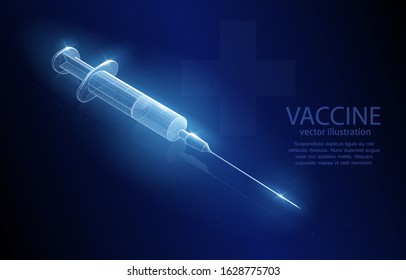 
Concept vector illustration of a polygonal syringe with medicine on a dark blue background, a symbol of medicine, biology, pharmacology, anti-viral drug or antibiotic.