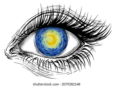 Concept vector illustration of realistic human eye of a girl with glowing bright yellow moon on blue sky iris.