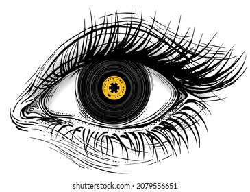 Concept vector illustration of realistic human eye with audio cassette tape iris.