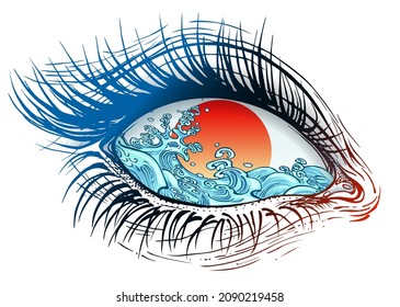 Concept Vector Illustration Of Realistic Human Eye Of A Girl With Rising Red Sun Iris On A Wavy Sea Eyeball.