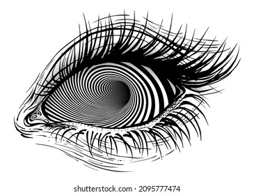 Ilustración conceptual vectorial del ojo humano realista de una muchacha con iris de vórtice hipnótico espiral a rayas.