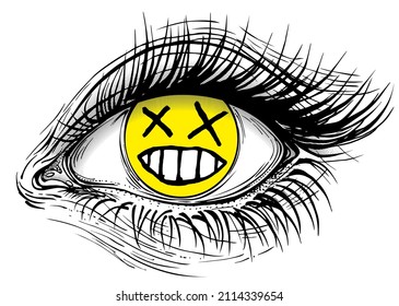 Concept vector illustration of realistic human eye of a girl with dead emoticon yellow iris.