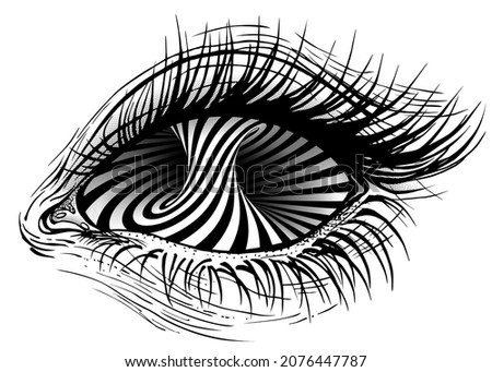 Concept vector illustration of realistic human eye of a girl with turning torus hypnotic eye.