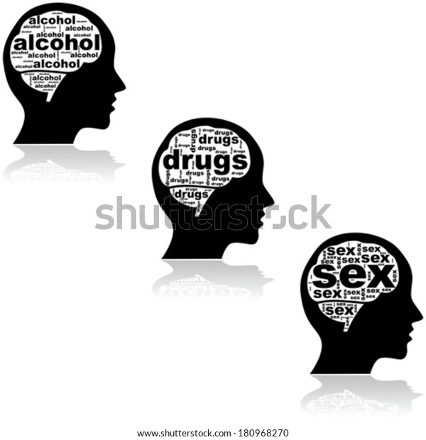 Concept vector illustration showing an addict's brain thinking only about the object of addiction