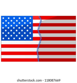 Concept vector illustration showing an American flag divided in half and stitched back together