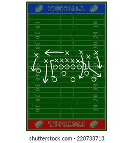 Concept vector illustration showing an American football field with a gameplan sketched over it