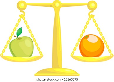 A Concept Vector Illustration Showing An Apple And An Orange On Scales. Attempting To Compare Apples And Oranges.