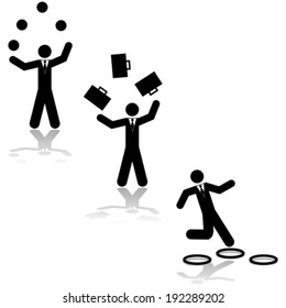 Concept vector illustration showing a businessman juggling balls, suitcases or jumping through hoops