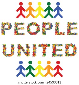 Concept vector illustration showing cartoon people of different colors united to make up the words "People United"
