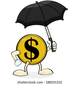 Concept vector illustration showing a coin holding an umbrella