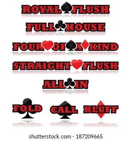 Concept vector illustration showing common poker expressions combined with card suites