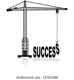 Concept vector illustration showing a construction crane building the word success