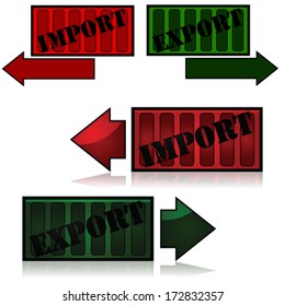 Concept vector illustration showing containers with the words "import" and "export" and arrows beside them