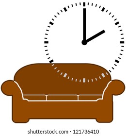 Concept vector illustration showing a couch and a dial clock displaying 2 o'clock, for nap time