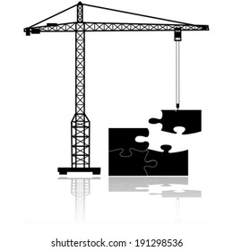 Concept vector illustration showing a crane moving the final missing piece to complete a puzzle