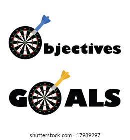 Concept vector illustration showing a dartboard and a dart as part of the words objectives and goals. For jpeg version, please see my portfolio.