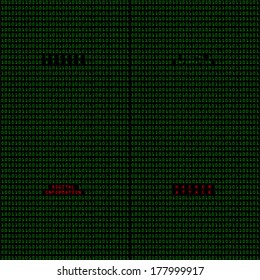 Concept vector illustration showing digital information being viewed through ones and zeroes, and being disturbed by a hacker attack