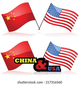 Concept vector illustration showing the flag of China alongside the flag of the United States
