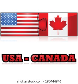 Concept vector illustration showing the flags of the United States and Canada joined together as puzzle pieces