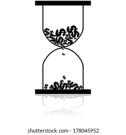 Concept vector illustration showing an hourglass with dollar icons flowing from the top to the bottom part of it like sand