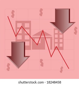 Concept vector illustration showing a house and buildings, with a downward graph illustrating the crisis of the housing sector. For jpeg version, please see my portfolio.