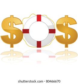 Concept vector illustration showing a lifesaver between two $ signs, spelling out the emergency code SOS