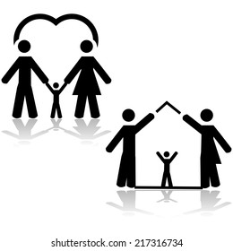 Concept vector illustration showing the love of two parents for a child and also two parents forming a home with a child inside