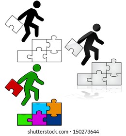 Concept vector illustration showing a man climbing a stair made out of puzzle pieces, while carrying the final piece to complete the puzzle