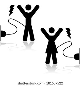 Concept vector illustration showing a man and a woman energized by being wired to an electric outlet